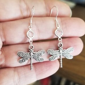 Sterling Silver Dragonfly Earrings Crystal Dangle Earrings Handmade Jewelry